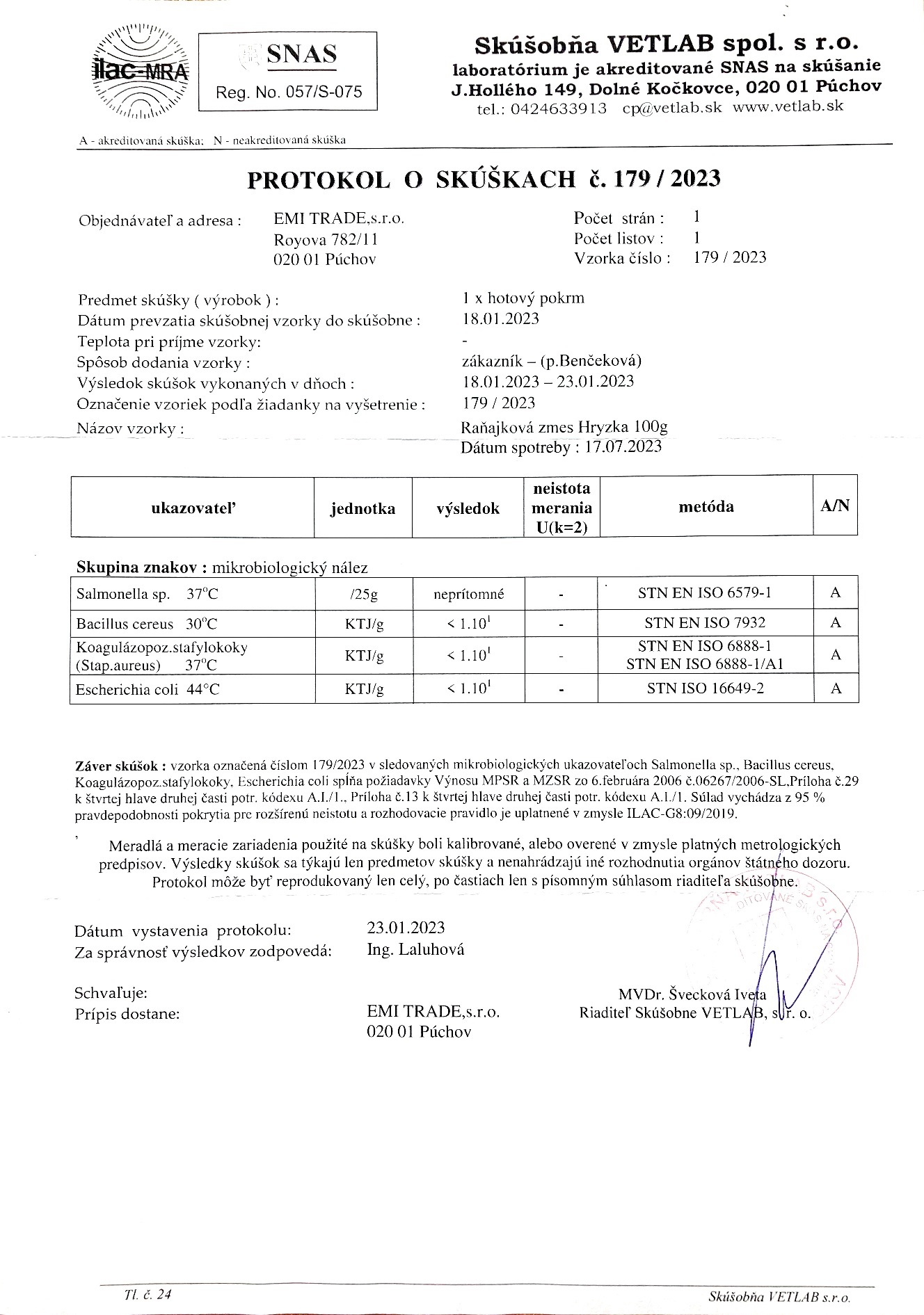 Certifikát kvality Hryzka - laboratórne testy 2023
